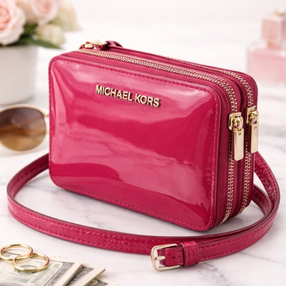 Michael Kors Handbags - Michael Kors Crossbody Wallet Patent Leather Red 7x4x1.5 Inches Double Zipper